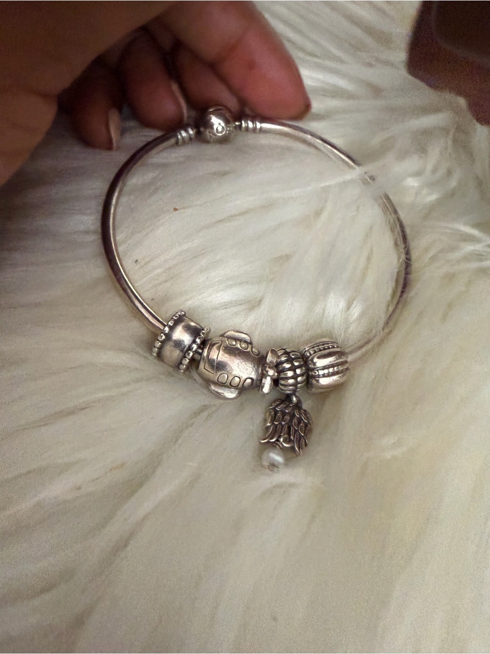 Pandora Silver Charm Bangle Bracelet with Pearl Drop